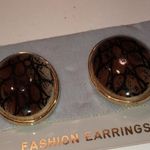 Vintage Clip On Gold Tone & Brown Snake Print Retro Oval Earrings Black Photo 1