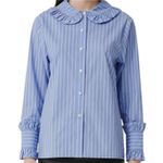 Maje NWT Calia Blue Stripe Long Sleeve Button Front Ruffle Blouse Top Large (3) Photo 0