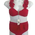 Sporlike High Waisted Ruffle Tie Red Adjustable Two Photo 0