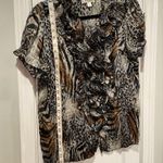 Dress Barn Size XL Black Leopard Tiger Print Ruffle Front Short Sleeve Blouse Photo 5