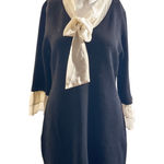 Nina Leonard Black Sweater Dress w/ Ivory Bow Tie Neck & Cuff Trim – Women’s M Photo 0