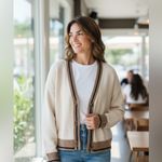 NWT Cream Horseback Knit Varsity Cardigan Sweater Jacket Horse Motif Medium Brown Photo 3