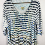One World Beaded Top Women 1X Blue Stripe 3/4 sleeve Crochet Boho Artsy Eclectic Photo 0