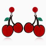 NWT Cherry Earrings Acrylic Resin Dangle Retro Fruity Red Green Black Post Backs Photo 0