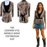 Y2K LEOPARD KRINKLE BOW RIBBON TIE 2000'S VINTAGE BLOUSE TOP MEDIUM‎ Brown Photo 1