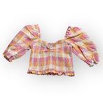 Charlie Holiday Charlie Holiday Andrea Top Women 10 Pink Orange Check Linen Puff Sleeve Smocked Photo 2