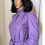 Vintage OOAK Purple cotton mini dress high ruffled keyhole collar belt small Photo 15
