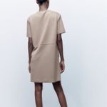 ZARA NEW  Beige Nude Faux Leather Suede Short Sleeve Mini Tee T-Shirt Dress M Photo 2