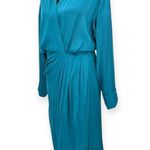 Young Fabulous and Broke YFB | Medium | Deep Teal Asymmetric Hem Ruched Satin Faux Wrap AIMEE Shirt Dress Photo 4