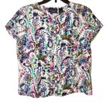 Liz Claiborne Crazy Horse 100% Silk Floral Paisley Button Front Blouse Blue 10 Photo 0