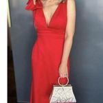 Mac Duggal Bow Shoulder V-Neck Gown in Red Size US 10 NWT Photo 3