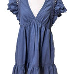 Anthropologie  V Neck Eyelet Lace Mini Dress Ruffle Sleeves Blue Medium Cotton Photo 0