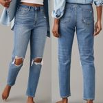 American Eagle  AE Comfort Stretch Waistband Mom Jean Medium Wash Ripped Cropped Photo 1