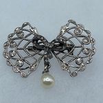 Vintage Bow & rhinestone ribbon with dangle faux pearl. Silver Photo 1