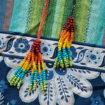 Farm Rio NWOT  Blue Palm Tree Rainbow Trim Bohemian Puff Sleeve Blouse Size Small Photo 3