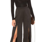 NBD  Drew Satin High Rise Front Slit Wide Leg Pants Black Small Photo 0