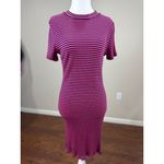 Kensie Womens M Ribbed Knit Striped Midi Dress Short Sleeve Casual Comfort Pink Photo 1
