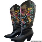 Black Vegan Leather western Cowgirl Boots Colorful Shaft Embroidery size 6.5 Photo 0