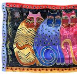 Vintage Laurel Burch Feline Family Portrait Cat Scarf 100% Silk Beaded Sequins Pink Photo 2