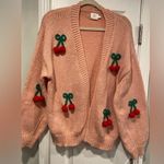 NWT Luna + Ivy Anthropologie Size S Pink Knit Cardigan 3D Appliqué Cherries Photo 0