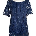Women's | Pretty Garden | Navy Blue Off Shoulder Floral Lace Mini Dress - Small Photo 1