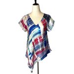 Anthropologie TRYB  Red White Blue Painted Plaid 100% Silk Tunic Blouse‎ Size S Photo 2