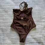 South Beach  shiny crinkle cut out halter swimsuit in chocolate Photo 4