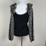 Anthropologie By Top Womens XL Black Floral Woven Ruffle-Sleeve Sweater Ribbed Photo 3