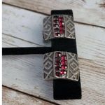 Vintage Clip On Earrings Shades of Red & Patterned Dark Grey Metal Photo 1
