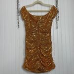 In The Style NWT Exclusive Gold Sequin Ruched Holiday Off Shoulder Mini Dress 12 Photo 3