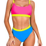 NWT Neon color block, high waisted 2 pc swim suit, small Pink Photo 0