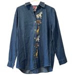 Keren Hart Denim Shirt Women Size Small Embroidered‎ Long Sleeve Safari Read Blue Photo 0