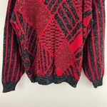Vintage 80s Retro Red Black Geometric V Neck Grandpa Chunky Cardigan Sweater Size L Photo 9