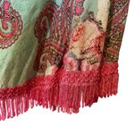 Velzera Mini Dress Tunic Green Pink Paisley Crochet Fringe Bell Sleeves SZ LG Photo 6