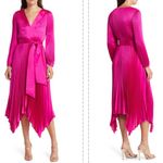 Milly NWOT  Liora Long Sleeve Pleated Satin Bright Pink Midi Dress sz 0 Photo 1
