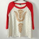 Free People  Bohemian Embroidered Eyelet Baseball Raglan Tee Top Small Red Cream Photo 5