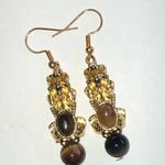 Gold Tone Feng Shui Tiger's Eye Beaded Pixiu Dragon Earrings Photo 1
