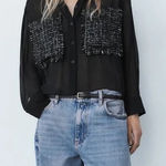 ZARA  black chiffon tweed pockets long sleeve collar blouse NWT Photo 0