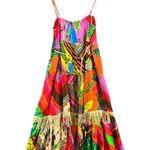 Farm Rio Palila Midi Dress XS Red Pink Tropical Fringe Patchwork Boho Resort Photo 7