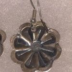 Handmade Navajo Sterling Silver Turquoise Old Look Stamp Dangle Concho Earrings. Photo 4