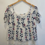 Skies Are Blue  Floral Langlock Lace Trim Cold‎ Shoulder Top Multicolor Small Photo 0
