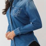 True Religion  Crystal Denim Button Up Shirt Western Rhinestone Cowgirl Photo 2