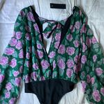 Lulus  Silky V-Neck Long Puff Sleeve Green Purple Floral Bodysuit Top XS Formal‎ Photo 1