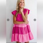 Hudson Gray Pink Crinkled Colorblock Patchwork Flutter Tiered Mini Dress Photo 3