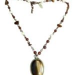 Vintage NY & Co Tigers Eye Pendant Necklace Beads Antique Gold Faux Pearls Adj White Photo 0