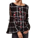 Loft  Cold shoulder Top womens XS black white plaid & red embroidered flowers​​ Photo 0