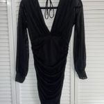 Mezzanine Black Mesh Long Sleeve Ruched Midi Dress Photo 1