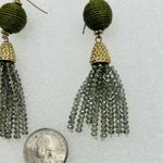 Seed Bead Tassel Earrings Green Ball Silver Beads Drop Dangle Gold Tone 3" Photo 2