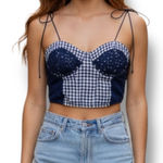 Urban Outfitters  Valentina Navy & Gingham Print Bustier w/ Tie Straps Size M Photo 0