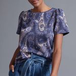 Anthropologie Demeter Blue Paisley Sparkly Puff Short Sleeve Knit Top Size XS Photo 1